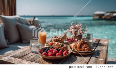 Exotic Beach Breakfast:  A Table of Fresh Fruits Pastries and Juice 126660366