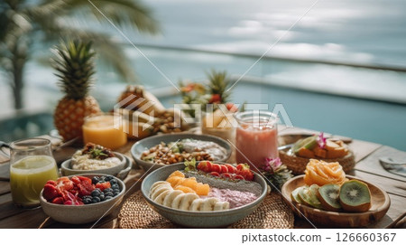 Tropical Fruit Breakfast Bowls with Ocean View 126660367