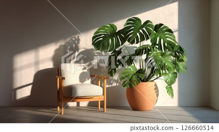 Monstera Plant in Terracotta Pot next to Wooden Chair in Sunlit Room 126660514
