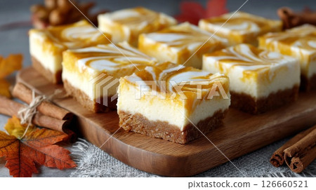 Pumpkin Swirl Cheesecake Bars on Wooden Board 126660521