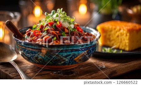 Hearty Chili with Cornbread in Rustic Setting 126660522