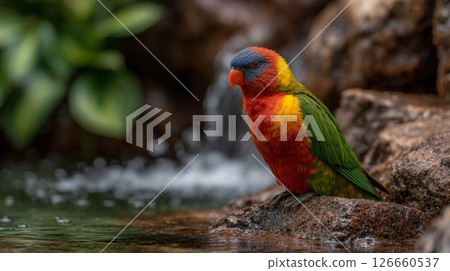 Vibrant Red Green Yellow Parrot on Rock near Water 126660537