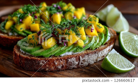Avocado Toast with Mango Salsa and Lime Wedges 126660617