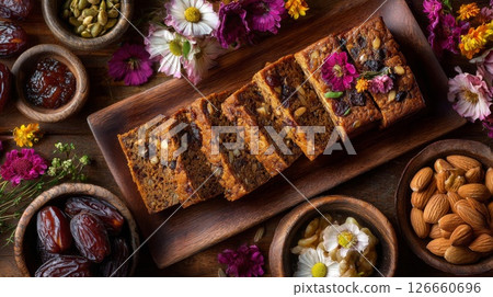 Sliced Date Nut Cake on Wooden Tray with Flowers 126660696