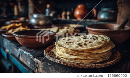 Closeup of Stacked Homemade Tortillas on Rustic Wooden Table 126660900