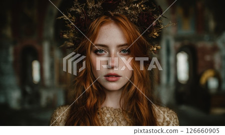 Portrait of a Redhead Woman in a Gold Dress Wearing a Flower Crown 126660905