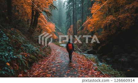 Person Hiking on Autumn Forest Path Person Hiking on Autumn Forest Path 126660914