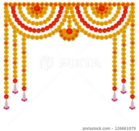 Marigold flower garland decoration backdrop for wedding decor, Happy Diwali, Indian Holiday festival isolated on white background 126661079