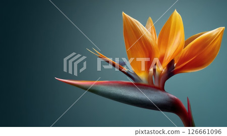 Orange Bird of Paradise Flower Close Up on Teal Background 126661096