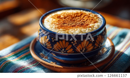 Creamy Rice Pudding in Blue Hand-Painted Bowl 126661137