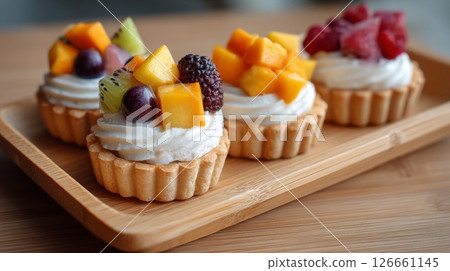 Colorful Fruit Tarts on Wooden Tray 126661145