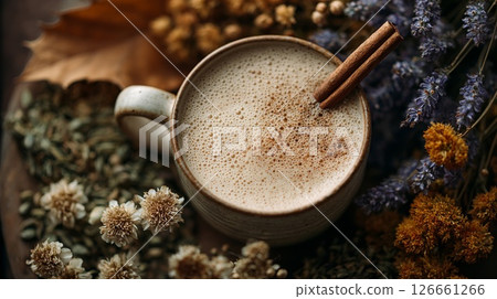 Creamy Latte with Cinnamon in a Beige Mug Surrounded by Autumnal Flowers 126661266