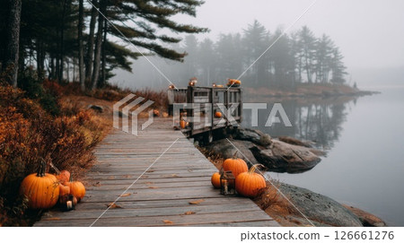 Autumnal Lake Scene with Pumpkins and Wooden Dock 126661276
