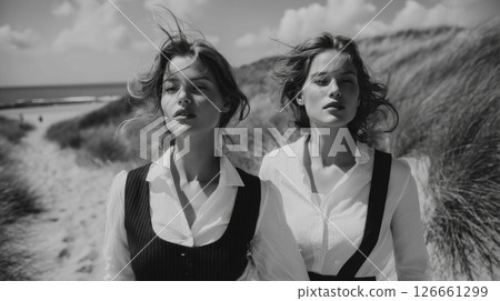 Twin Women in White Shirts Walking on Sandy Beach Path 126661299