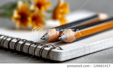 Close-up of Two Sharpened Pencils on a Notepad with Orange Flowers 126661417
