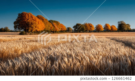 Autumn Wheat Field with Orange Trees under Blue Sky 126661462