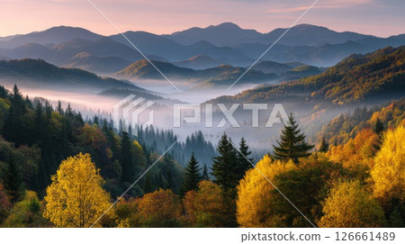 Autumn Mountain Landscape with Fog and Golden Light 126661489
