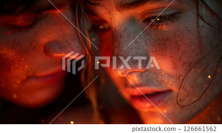 Close-Up Portrait of Two Women Illuminated by Red Embers 126661562