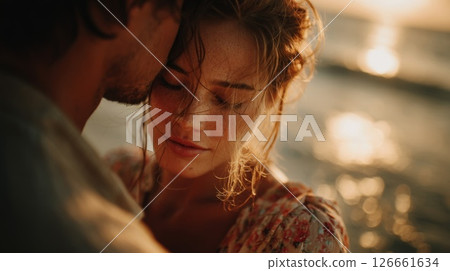 Romantic Couple Embracing at Sunset Beach 126661634