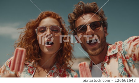 Happy Couple Enjoying Popsicles on a Sunny Beach Happy Couple Enjoying Popsicles on a Sunny Beach 126661648