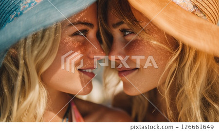 Close-Up Portrait of Two Blonde Women Under a Hat Close-Up Portrait of Two Blonde Women Under a Hat 126661649