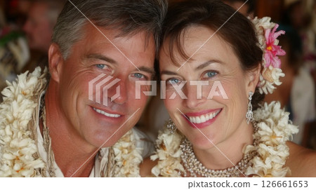 Happy Couple's Wedding Portrait with Tropical Flowers 126661653