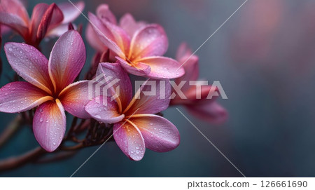 Pink Plumeria Blossoms with Dew Drops 126661690