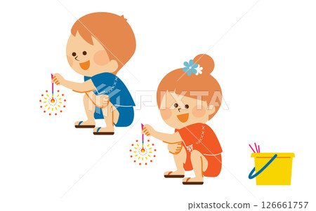 孩子玩煙火，暑假，插畫素材 126661757