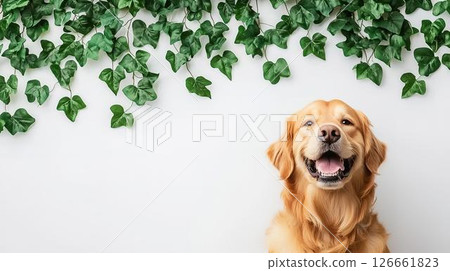 A smiling golden retriever surrounded by indoor greenery 126661823