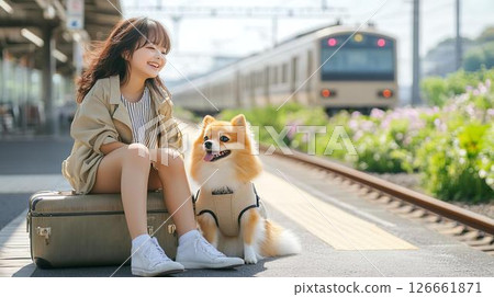 一名女孩和一隻博美犬在月台上等火車 126661871