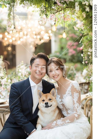 A bride and groom and a Shiba Inu sharing their happiness at a wedding 126661909