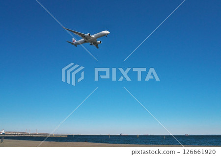 A JAL passenger plane flies over Jonanjima Seaside Park on a clear winter day and heads towards runway B at Haneda Airport. 126661920