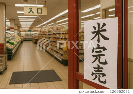 超市入口處的牌子上寫著“大米售罄” 超市入口處的牌子上寫著“大米售罄” 126662051