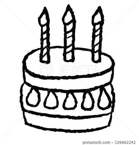 Hand drawn strawberry cake with candles outline for kid colouring book, art, paint, birthday cake, sweet dessert, cafe, restaurant, menu, recipe, baking book, stickers, food, snack, cake shop, party Hand drawn strawberry cake with candles outline for kid colouring book, art, paint, birthday cake, sweet dessert, cafe, restaurant, menu, recipe, baking book, stickers, food, snack, cake shop, party 126662242