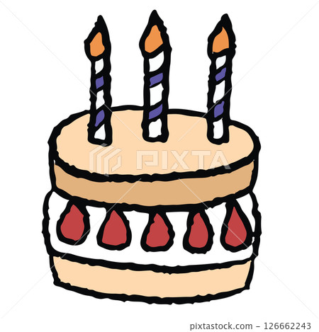 Hand drawn crayon illustration of strawberry cake with candles for birthday cake, sweet dessert, cafe, restaurant, menu, recipe, baking book, stickers, food, snack, cake shop, brunch, card, party Hand drawn crayon illustration of strawberry cake with candles for birthday cake, sweet dessert, cafe, restaurant, menu, recipe, baking book, stickers, food, snack, cake shop, brunch, card, party 126662243
