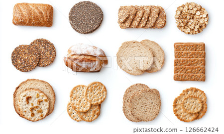 Assortment of diet breads including seed loaf, varieties displayed on white background 126662424