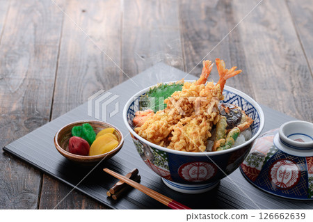 Authentic Japanese-style tempura bowl set meal with generous servings of shrimp tempura Authentic Japanese-style tempura bowl set meal with generous servings of shrimp tempura 126662639