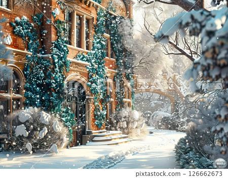 A snow-covered pathway leads to a grand brick house adorned with green ivy. Snowflakes gently fall, creating a serene winter atmosphere. 126662673
