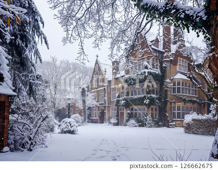 A large, historic mansion covered in snow. The surrounding garden features snow-laden trees and bushes. The scene captures a serene winter atmosphere. 126662675