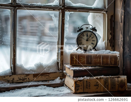 A vintage alarm clock sits on a stack of old books by a snowy window. Snow covers the window sill, creating a cozy winter atmosphere. 126662691