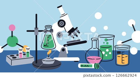 Chemical laboratory table. Scientific experiment and test equipment, microscope, glass tubes, flasks, biological lab, biochemistry and microbiological isolated garish vector concept 126662924