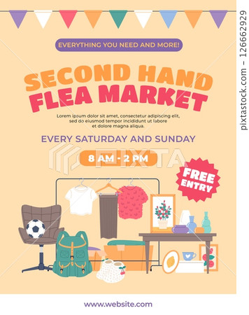 Garage sale. Flea market advertising, vintage items and rarities, antique goods, second hand clothes, retail store invitation poster, buying used things, web banner design classy vector concept Garage sale. Flea market advertising, vintage items and rarities, antique goods, second hand clothes, retail store invitation poster, buying used things, web banner design classy vector concept 126662929