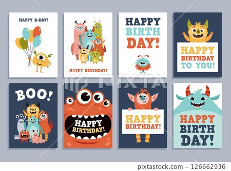 Monsters birthday party cards. Funny fabulous creatures, childish creepy mascots, holiday banners, cute little demons, nursery t-shirt print or poster tidy vector cartoon flat concept 126662936