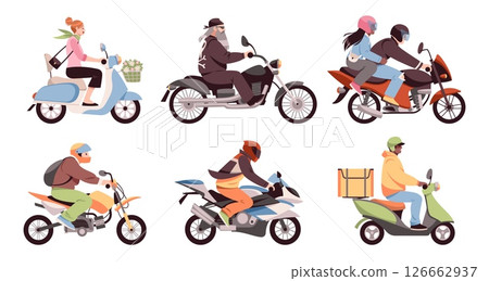 Motorcyclists people. Happy motor vehicles drivers, male and females bikers, scooters riding, delivery service, sport bike, courier delivery cartoon flat style isolated tidy vector set 126662937