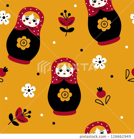 Russian dolls seamless pattern. Traditional slavic matryoshka toy, repeated floral elements, folk national symbol. Textile, wrapping paper, wallpaper. Print for fabric garish vector background Russian dolls seamless pattern. Traditional slavic matryoshka toy, repeated floral elements, folk national symbol. Textile, wrapping paper, wallpaper. Print for fabric garish vector background 126662949