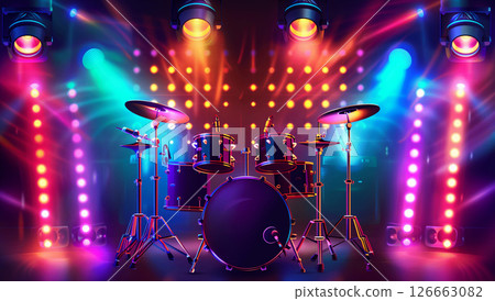 Vibrant drum set under colorful stage lighting with space for text 126663082
