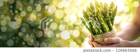 Hand holding a fresh asparagus bouquet wrapped in burlap amid a spring nature background 126663088
