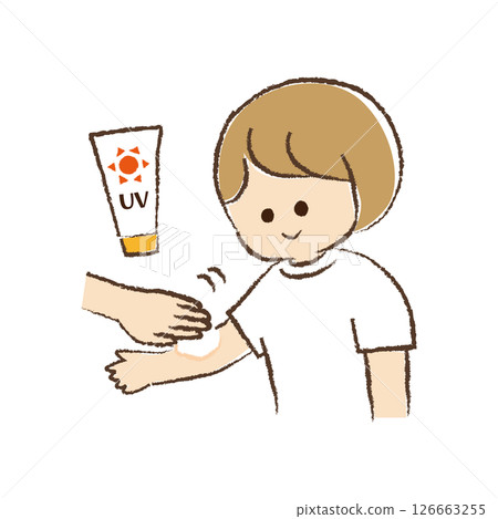 A child having sunscreen applied to his arm 126663255
