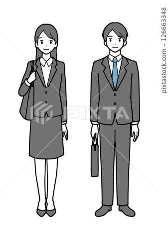 Line drawing illustration of a young man and woman in a suit carrying a bag 126663348
