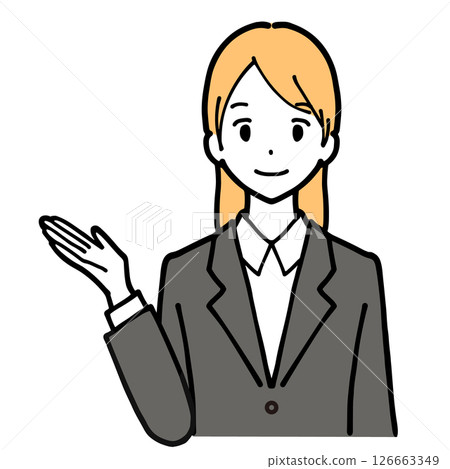 Illustration of a woman in a suit giving directions with a smile 126663349